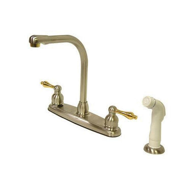 Kingston Brass Victorian High Arch with Lever Handles and Sprayer, Satin Nickel with Polished Brass Kitchen Faucet Kingston Brass